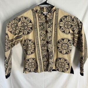 Ganesh Himal Jacket Women Large Tan Black Nepal Cotton Hand Loomed Block Print